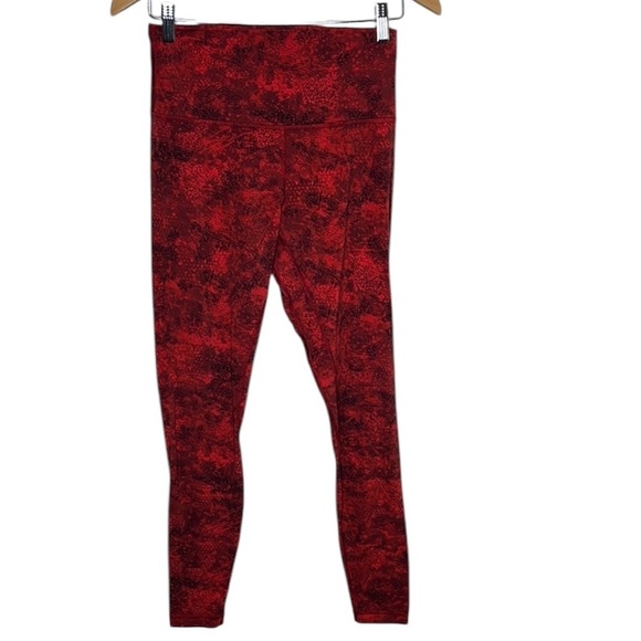 Lululemon Invigorate High Rise Red Pattern Tights Gold Logo Women Size 8 - Picture 1 of 4